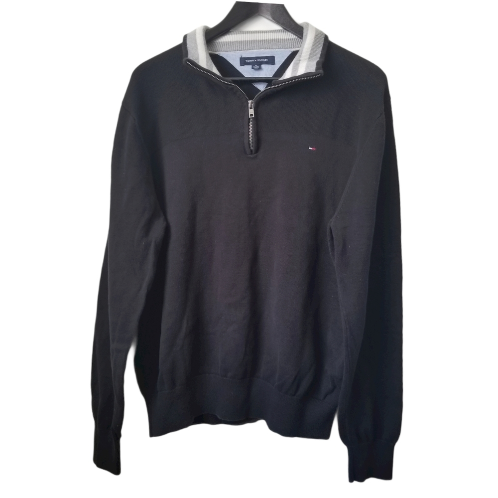 Tommy Hilfiger Black Quarter-Zip Sweater with White Trim